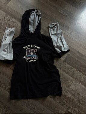 Black Hooded Tee with Gray Sleeves and 'Denim Culture' Graphic